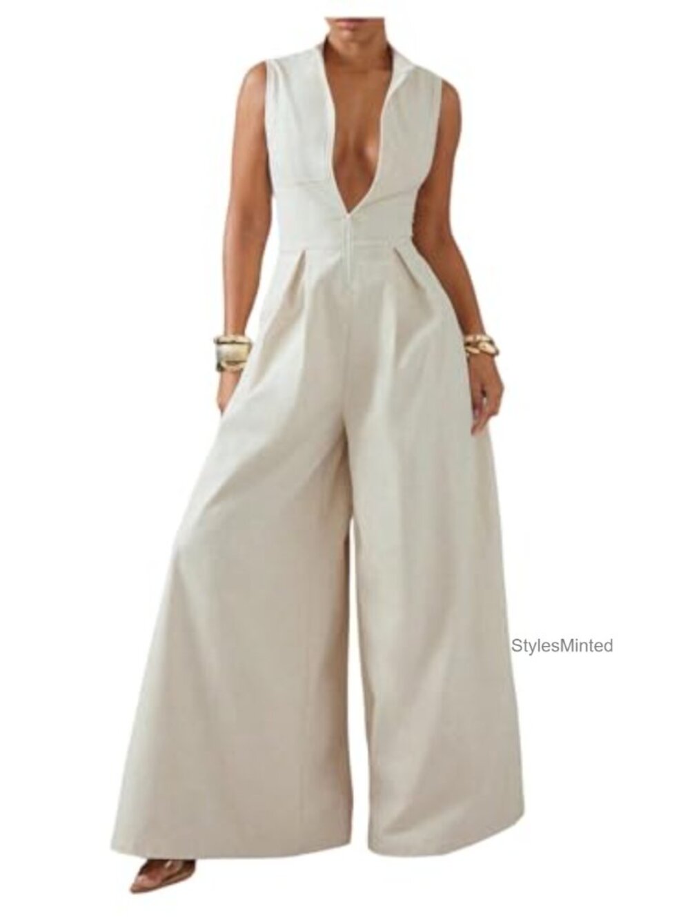 Sleeveless Wide Leg Jumpsuit Mock Neck Zip Front Floor Length